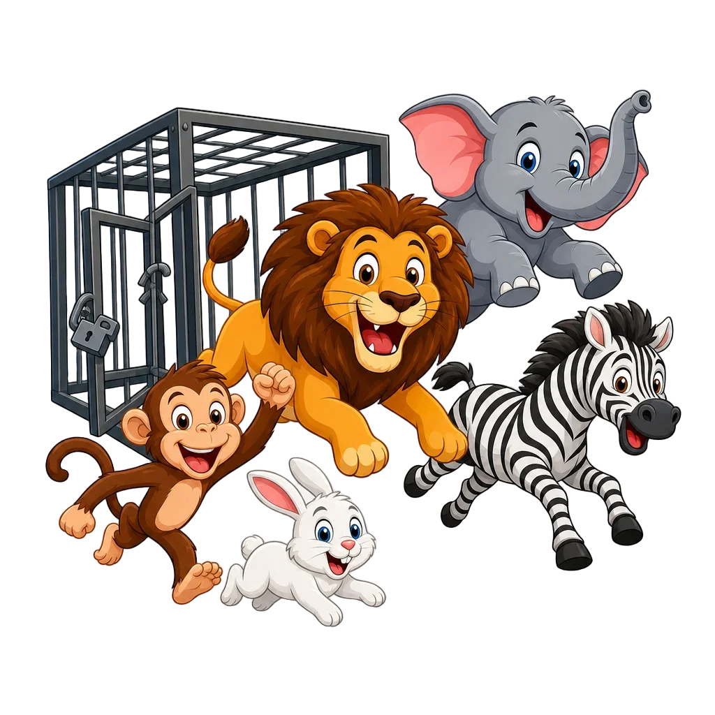 Cartoon Animals Escaped from Cage — free clip art