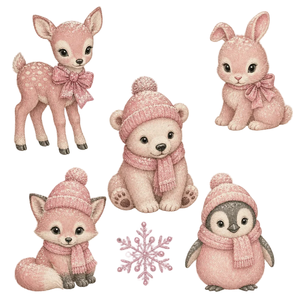 Pink Winter Baby Animals with Snowflakes — free clip art