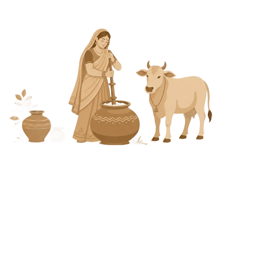 Rural Indian Woman Churning Curd with Cow — free clip art
