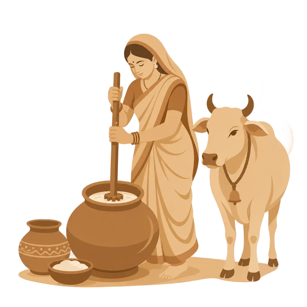Rural Indian Woman Churning Curd with Cow — free clip art