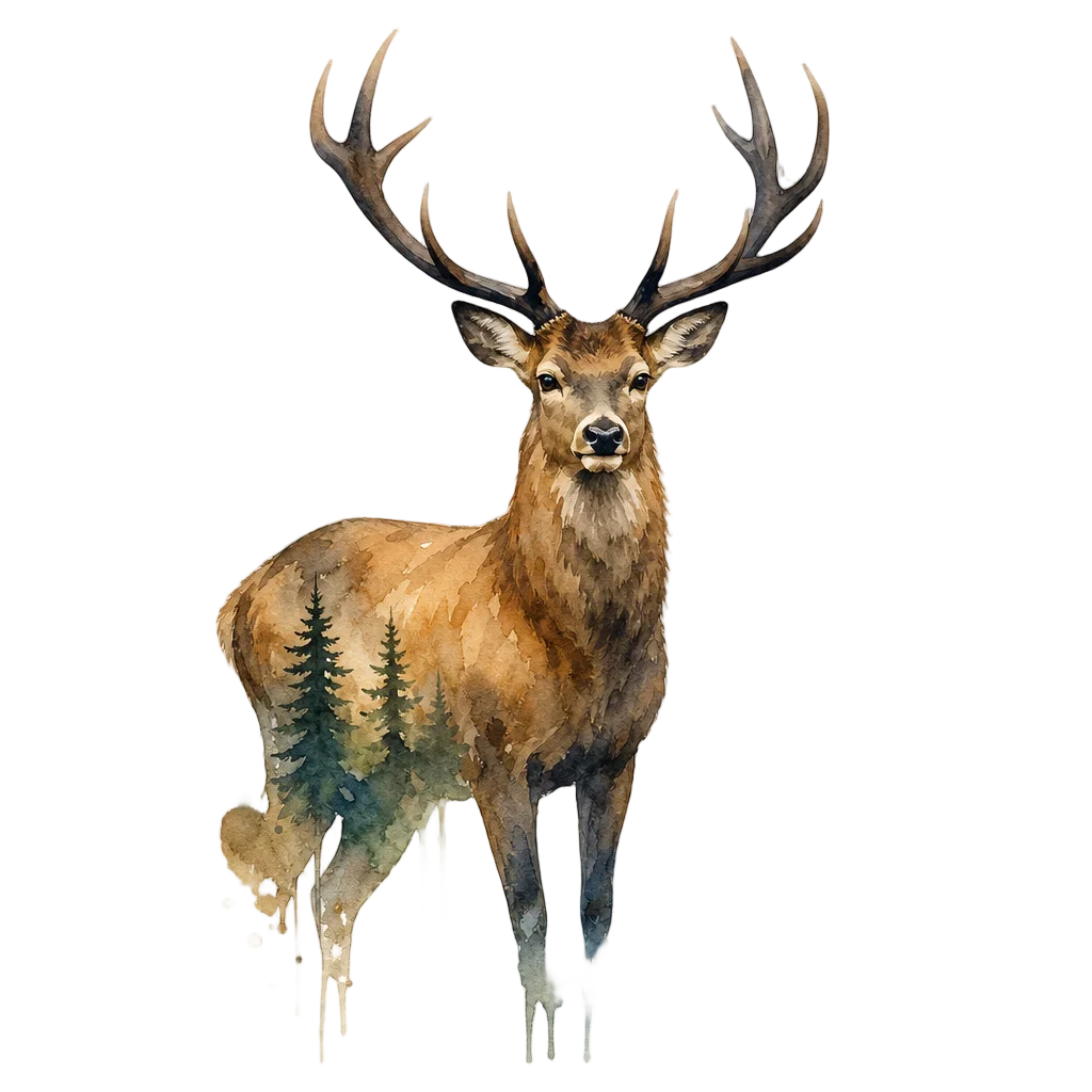 Misty Pine Forest Deer Watercolor — free clip art