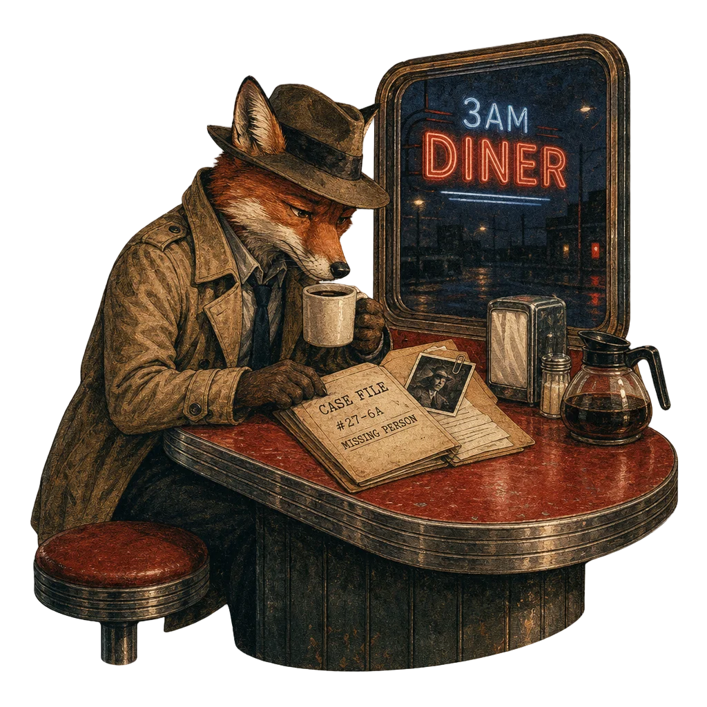 Melancholy Fox Detective at Diner — free clip art