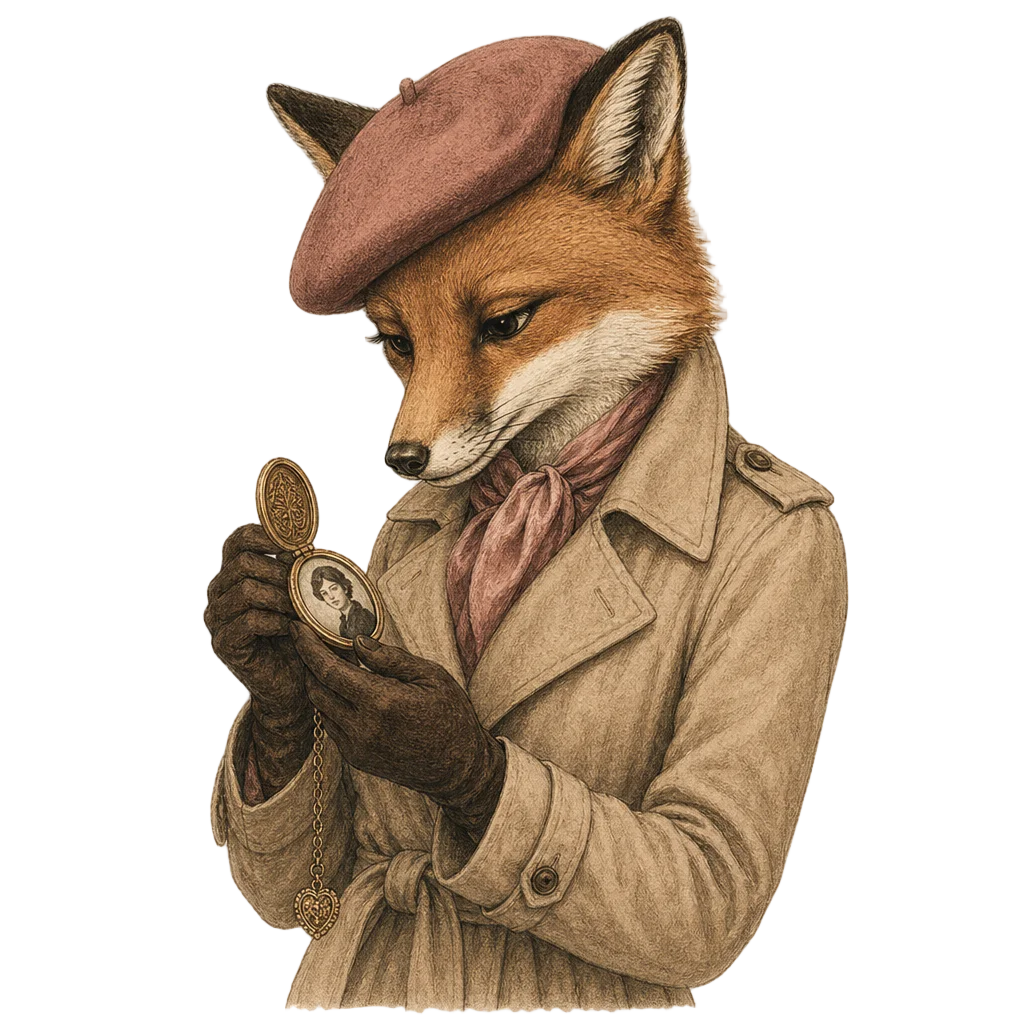 Vixen Examining Locket in Trench Coat — free clip art