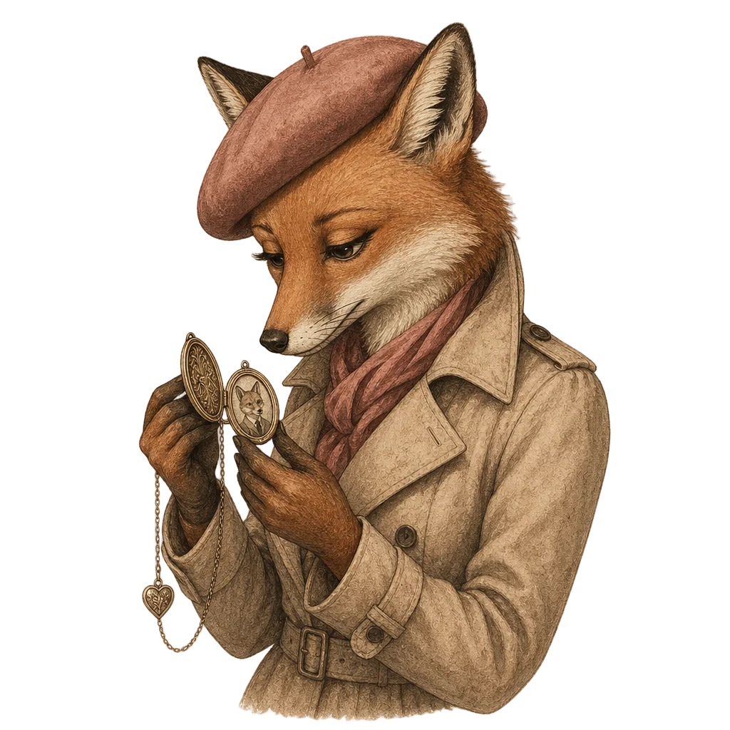 Vixen Examining Locket in Trench Coat — free clip art
