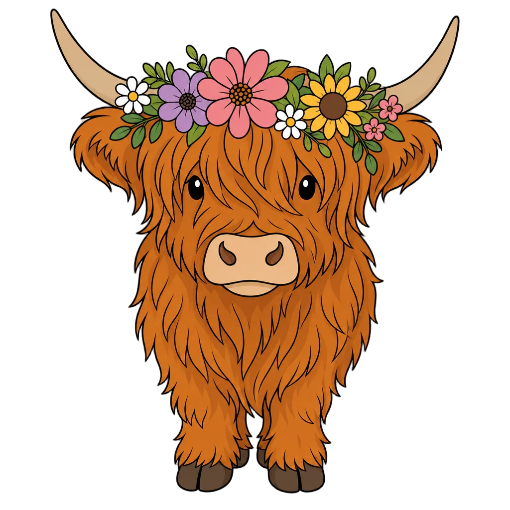 Highland Cow with Flower Crown — heart clip art
