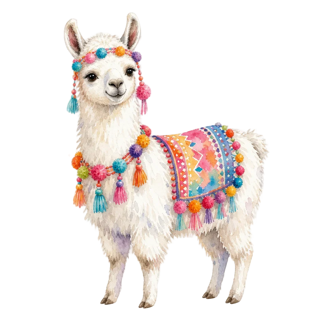 White Llama with Colorful Pompoms — free clip art