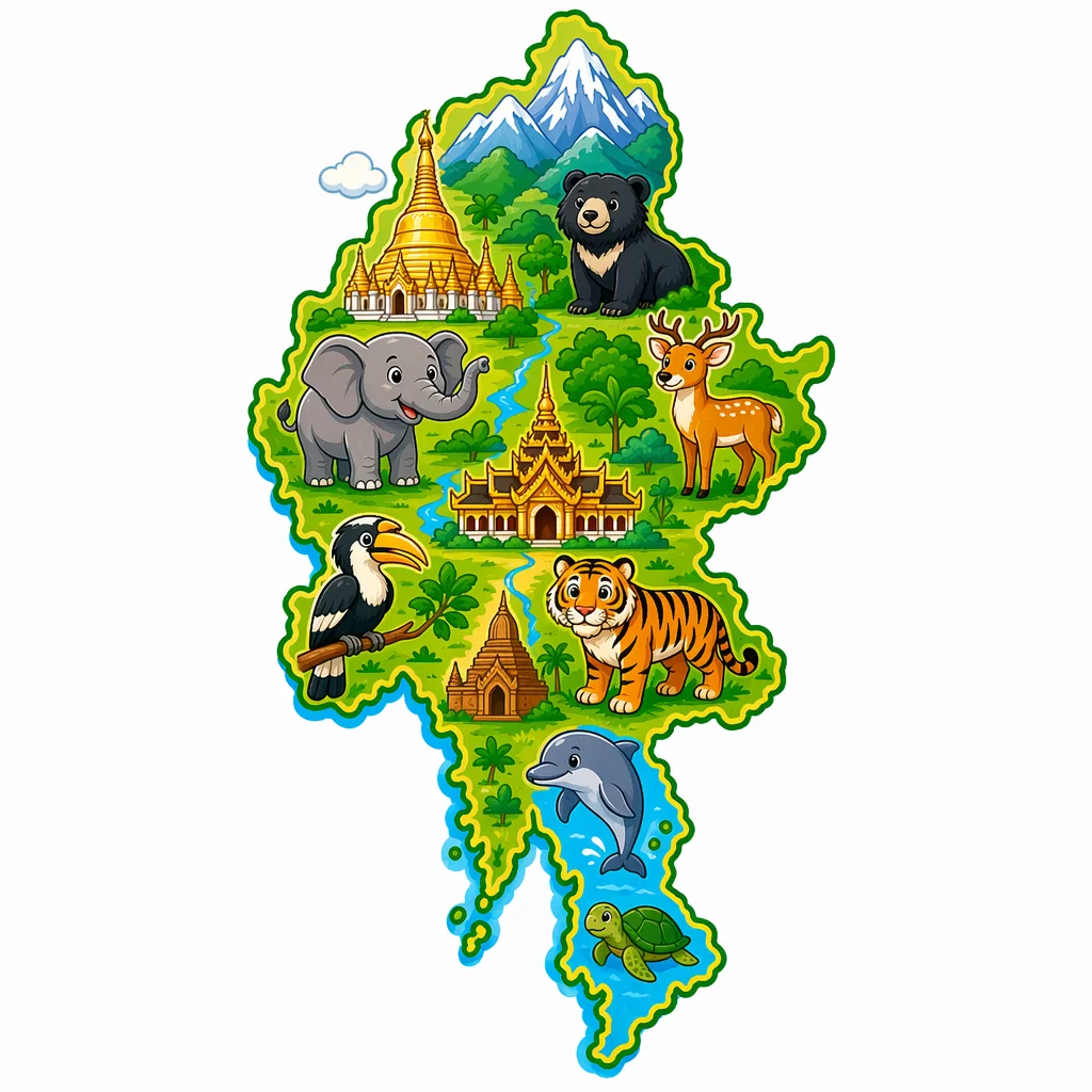 Cartoon Map of Myanmar with Animals — free clip art