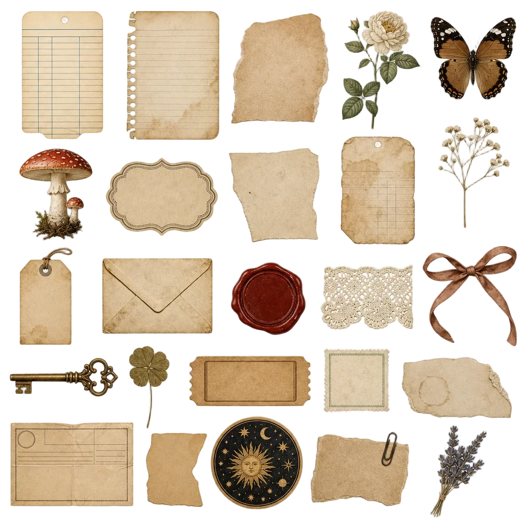 Antique Junk Journal Clipart Elements Collection — book clip art