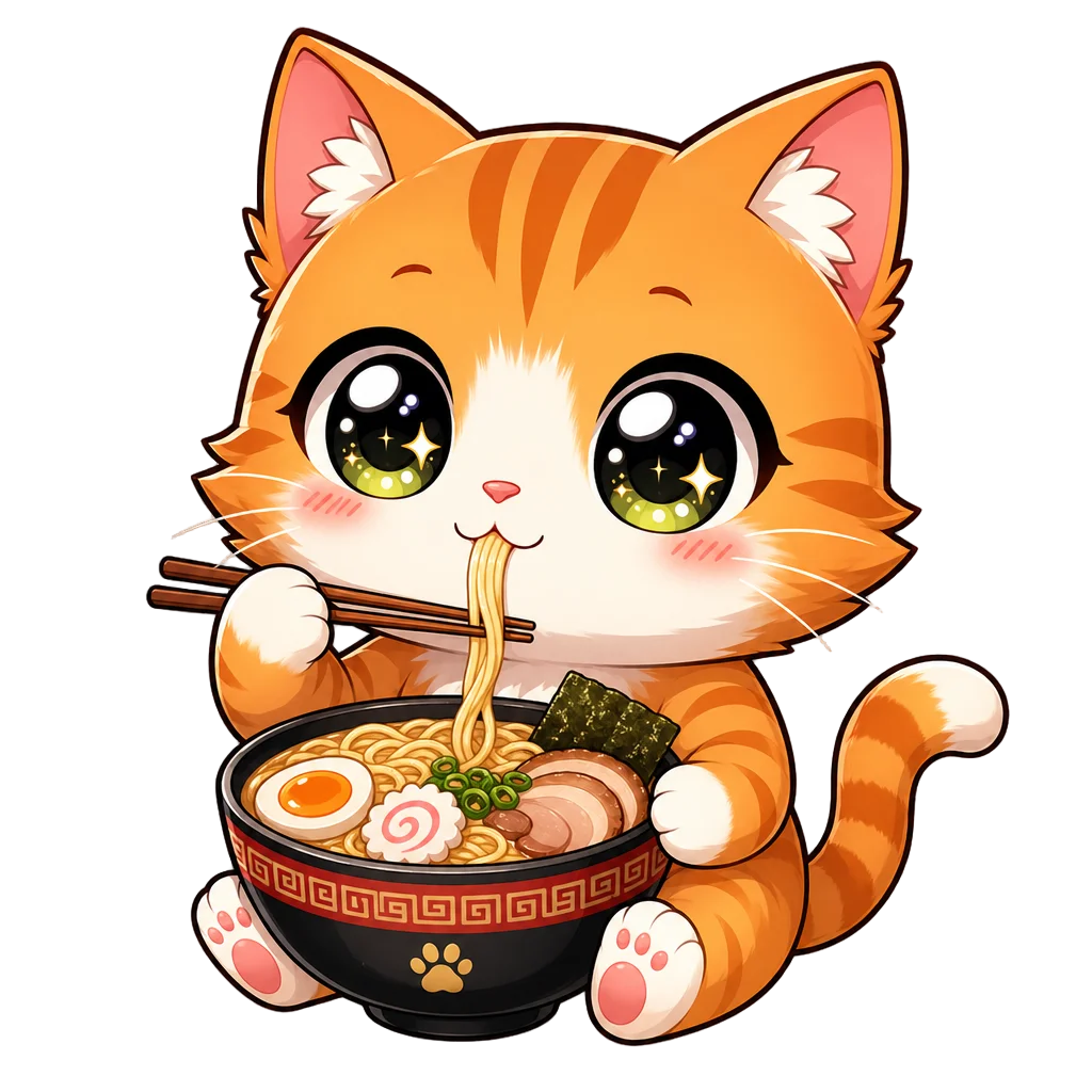 Chibi Orange Tabby Eating Ramen — free clip art