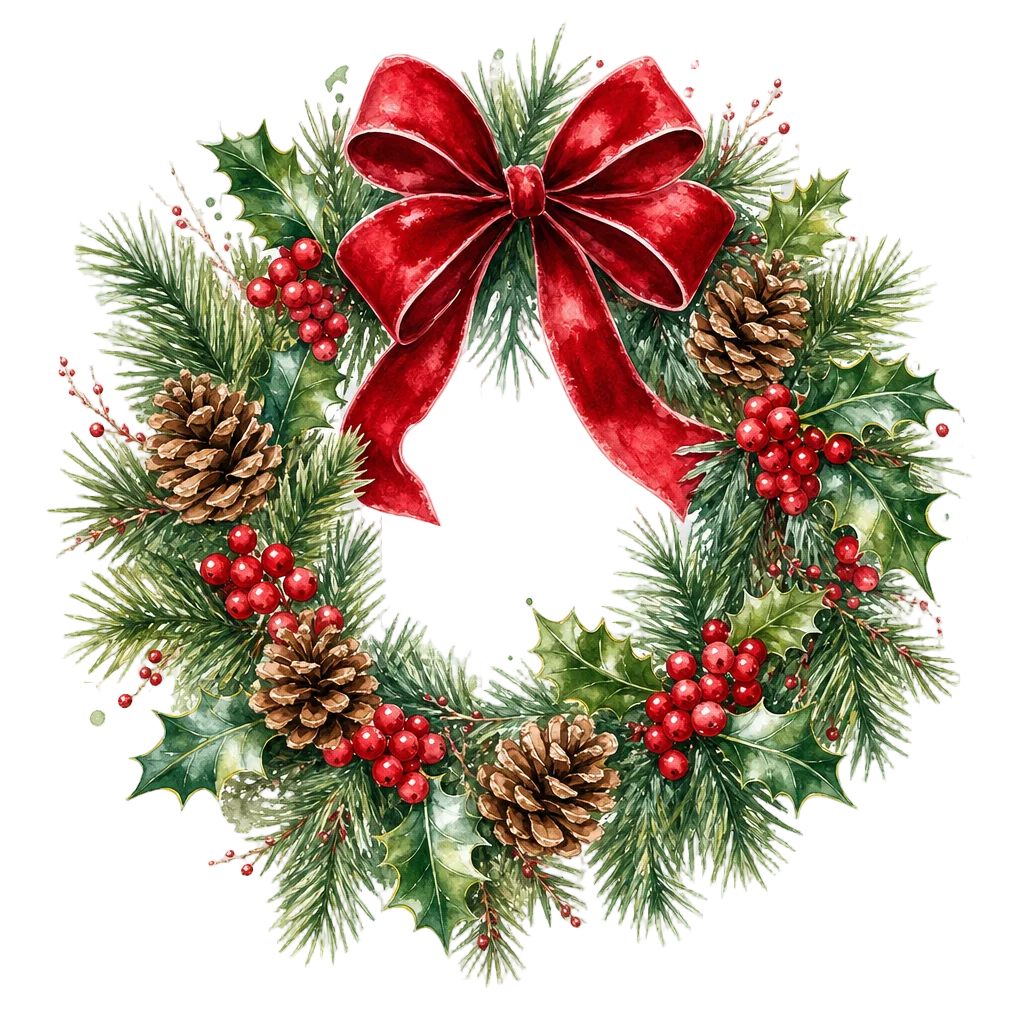 Holiday Wreath with Pine and Berries — free clip art