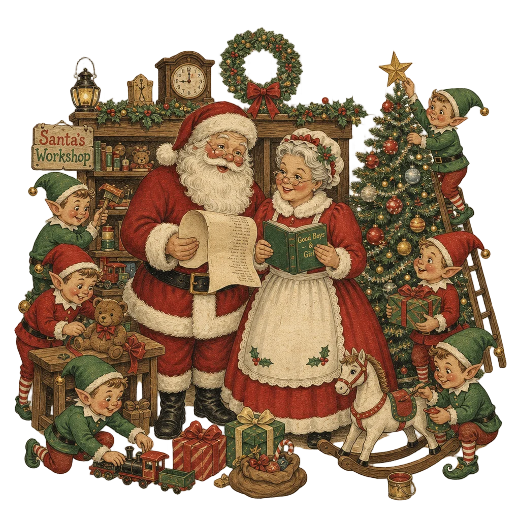 Santa and Mrs Claus with Elves — free clip art