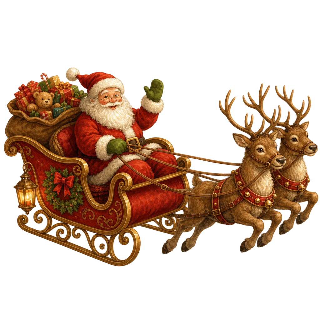 Santa Claus Flying Sled Moonlit Night — free clip art