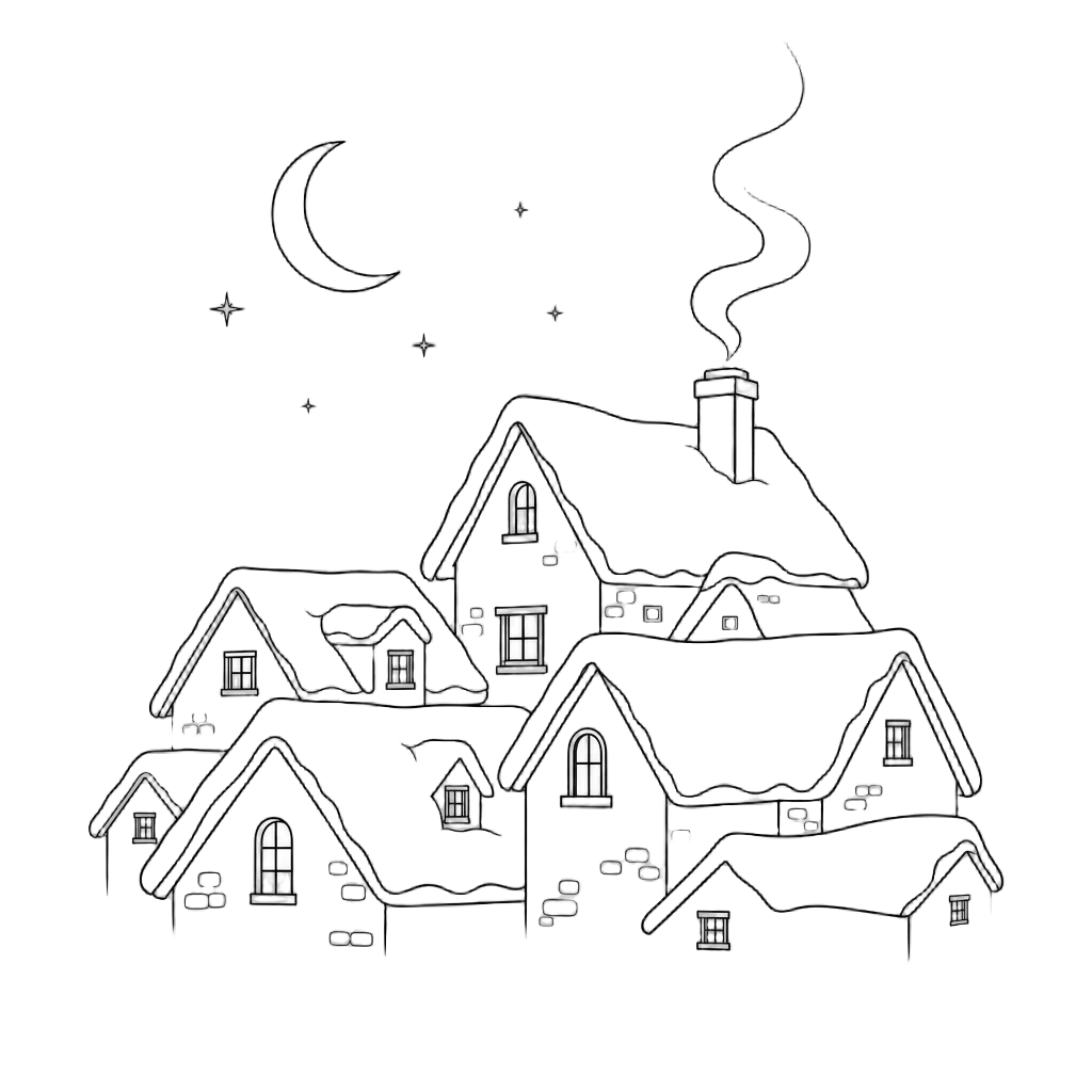 Snowy Village Rooftops at Midnight — free clip art