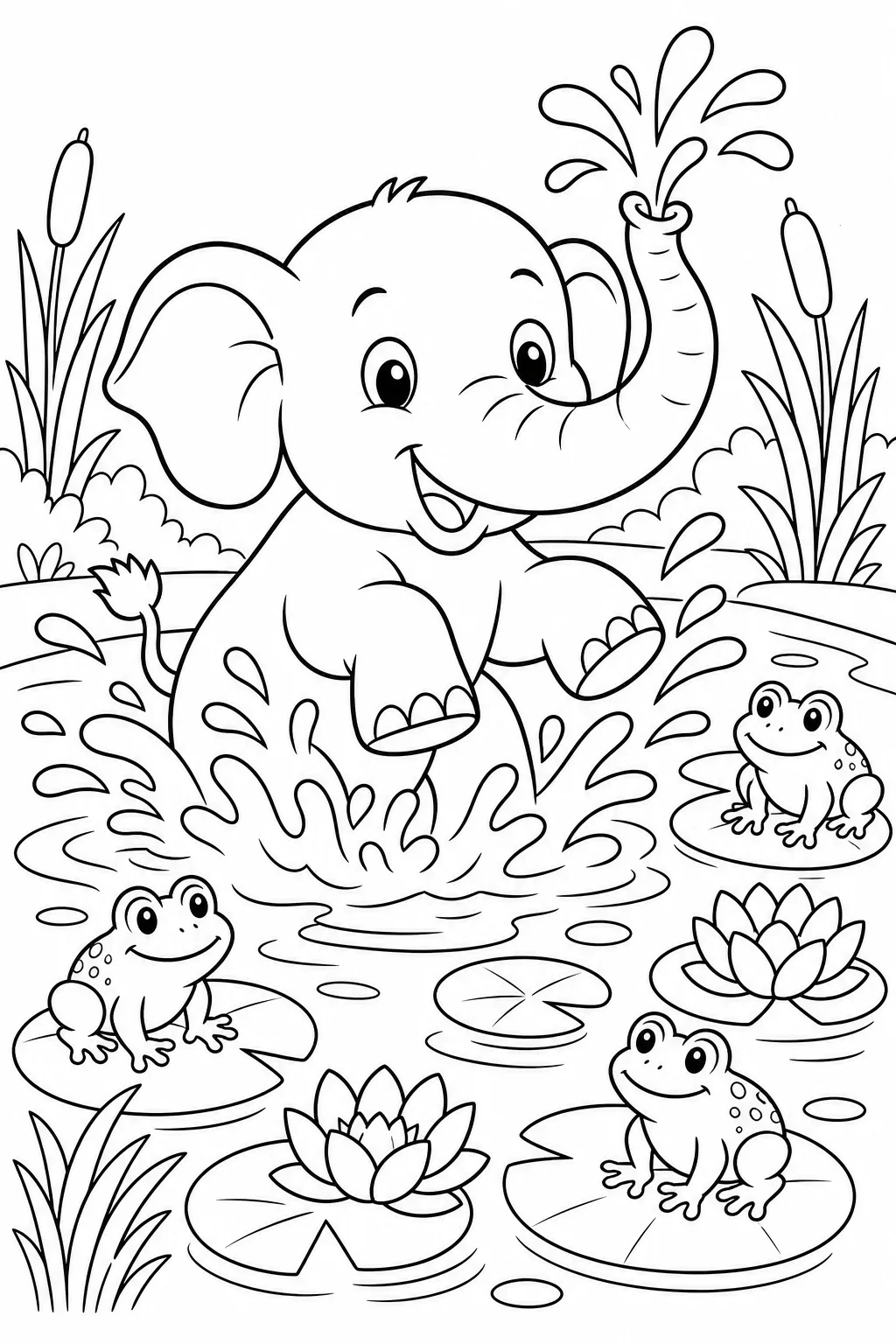 Baby Elephant Splashing in Pond — free coloring page
