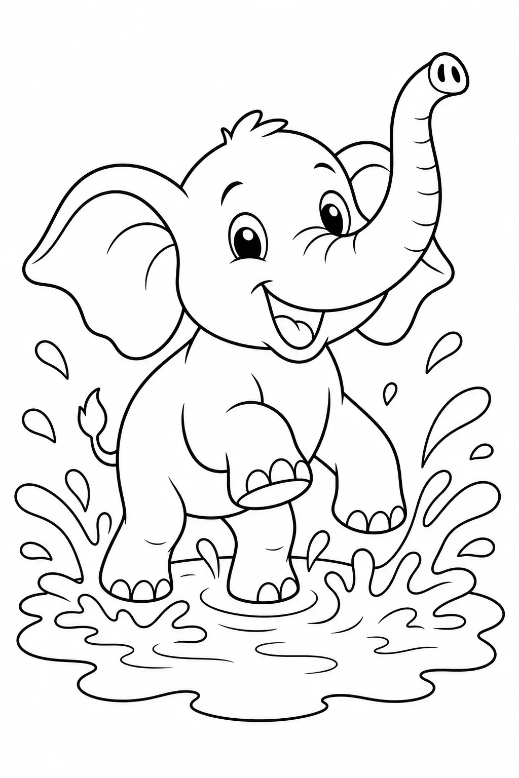 Baby Elephant Splashing in Puddle — free coloring page