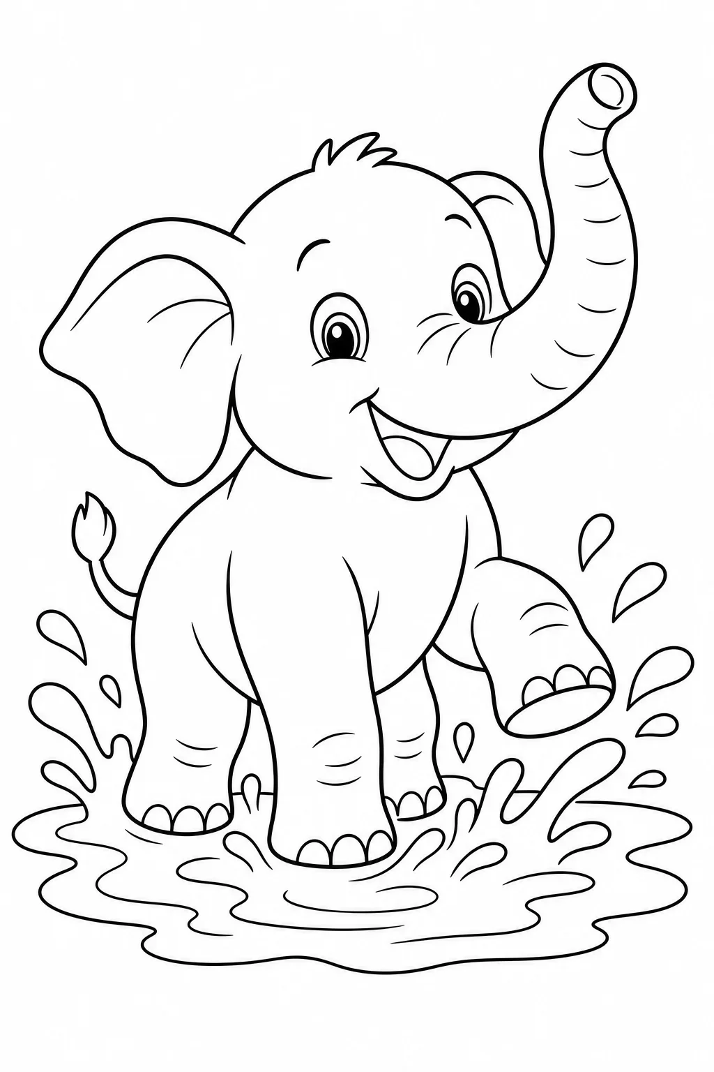 Baby Elephant Splashing in Puddle — free coloring page