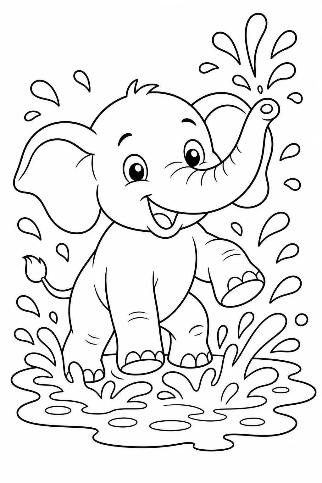 Baby Elephant Splashing in Puddle — free coloring page
