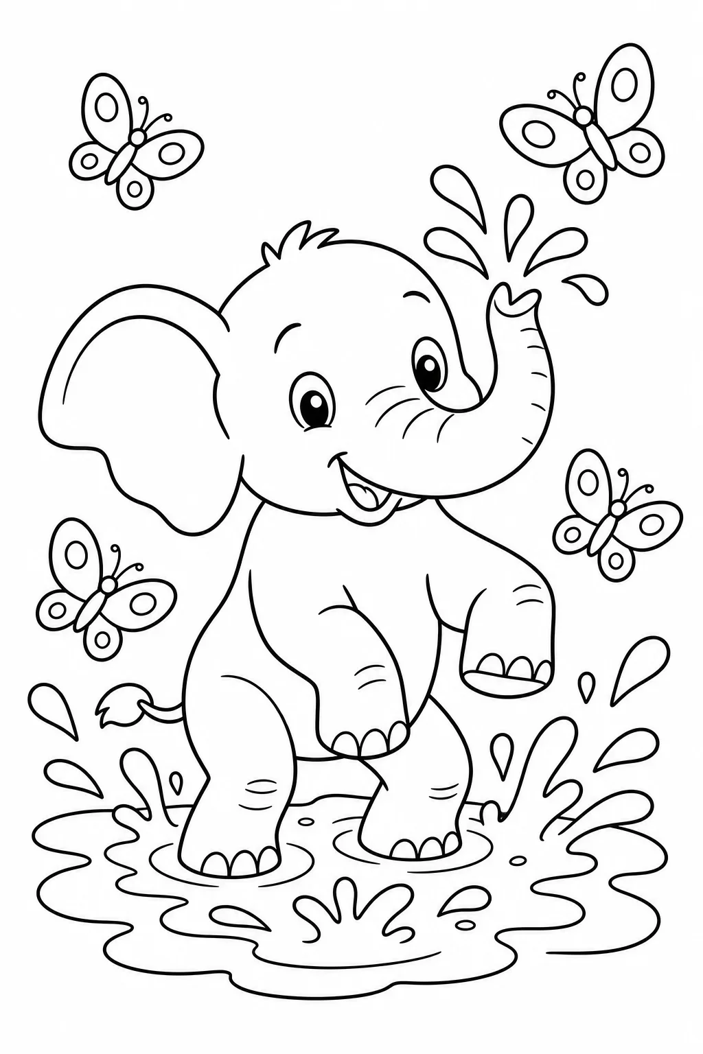 Baby Elephant Splashing in Puddle — free coloring page