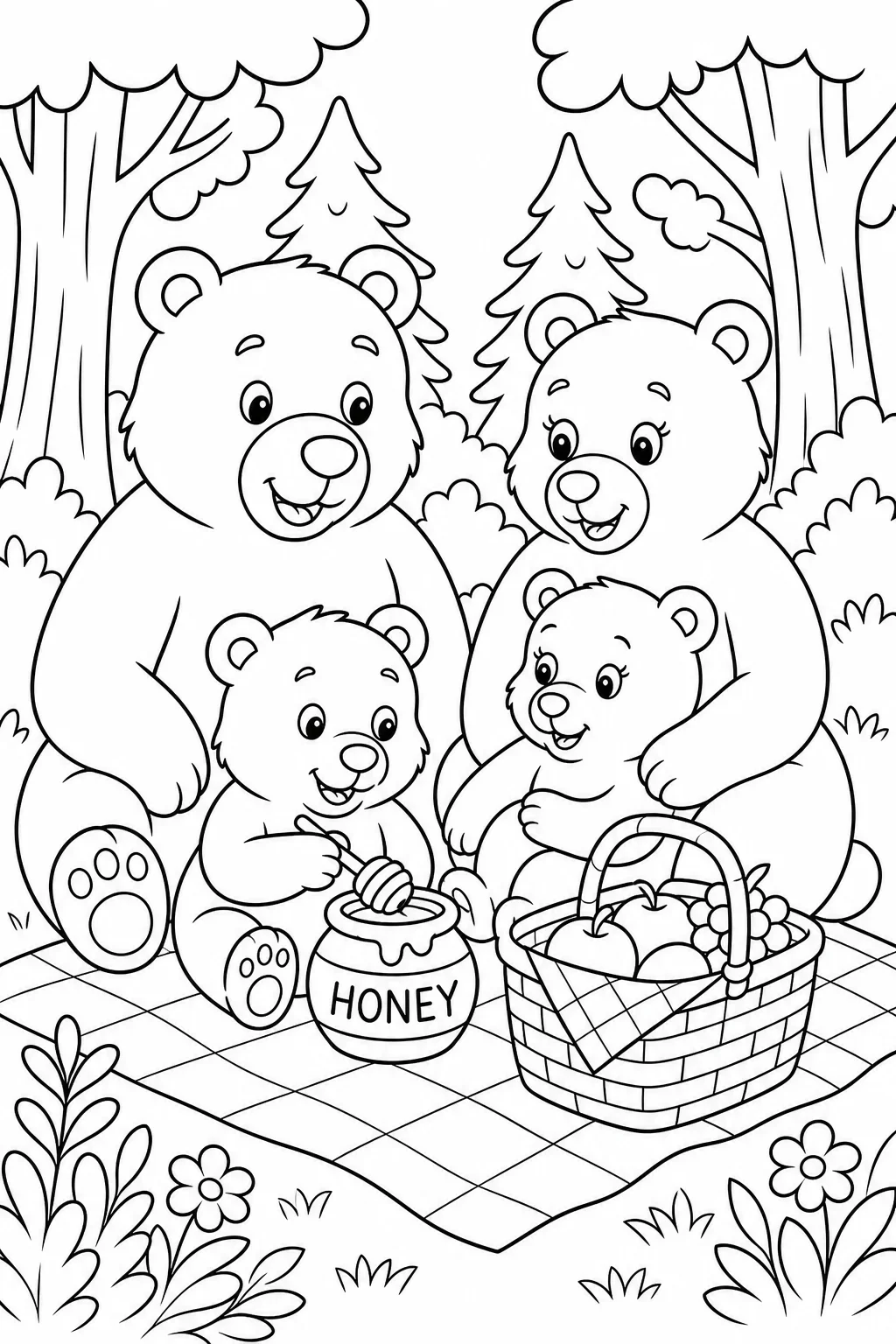 Bear Family Picnic in the Woods — free coloring page