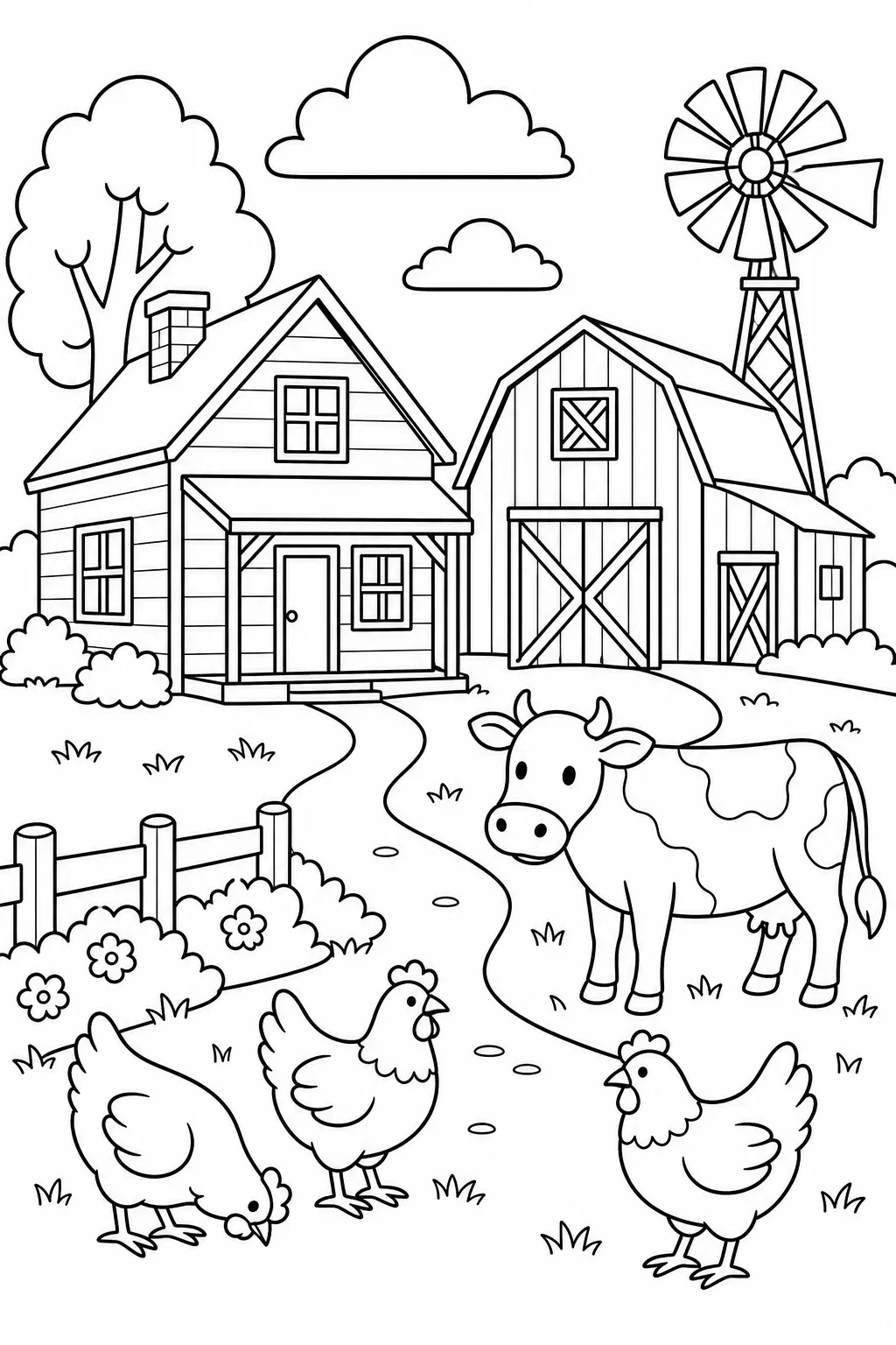 Cozy Farmhouse Coloring Page — free coloring page