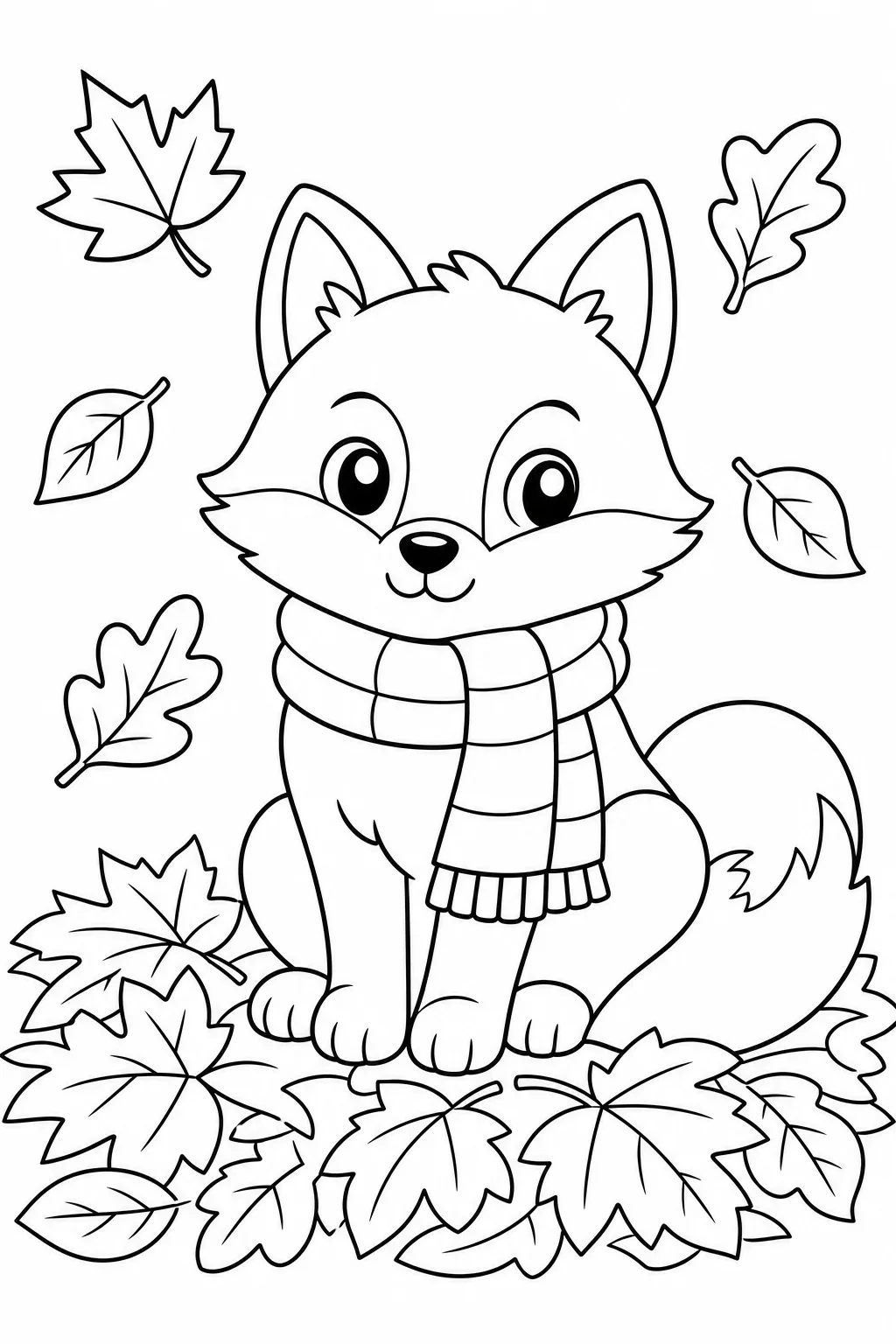 Cute Fox with Scarf in Autumn Leaves — free coloring page