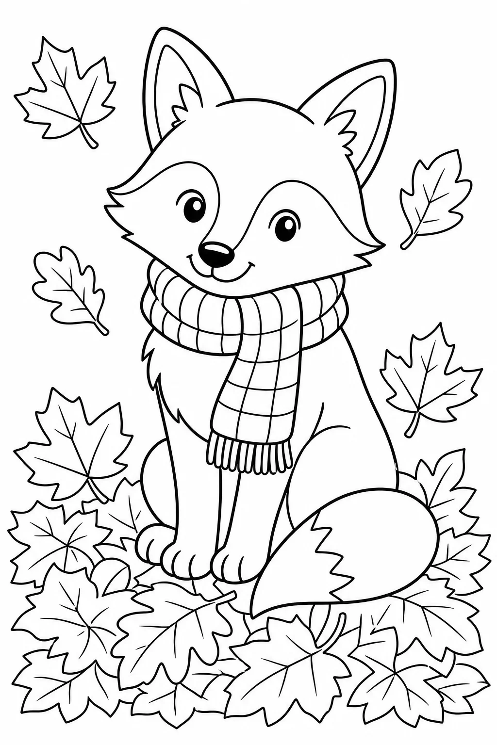 Fox with Scarf in Autumn Leaves Coloring Page — free coloring page