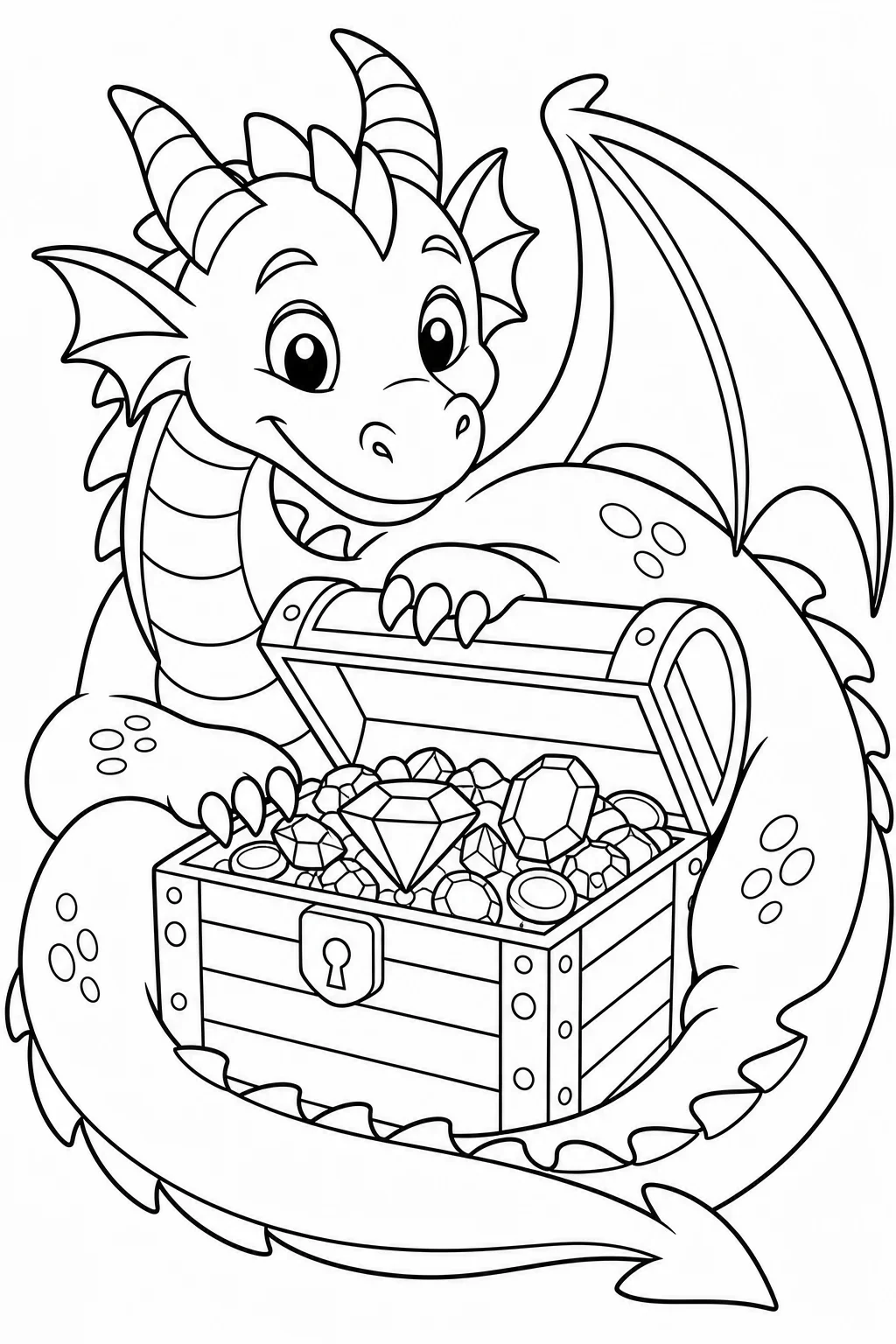 Friendly Dragon with Treasure Chest Coloring Page — free coloring page