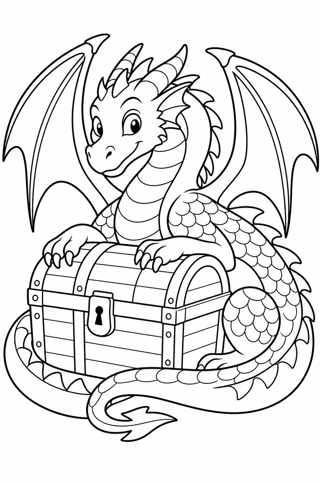 Friendly Dragon with Treasure Chest Coloring Page — free coloring page