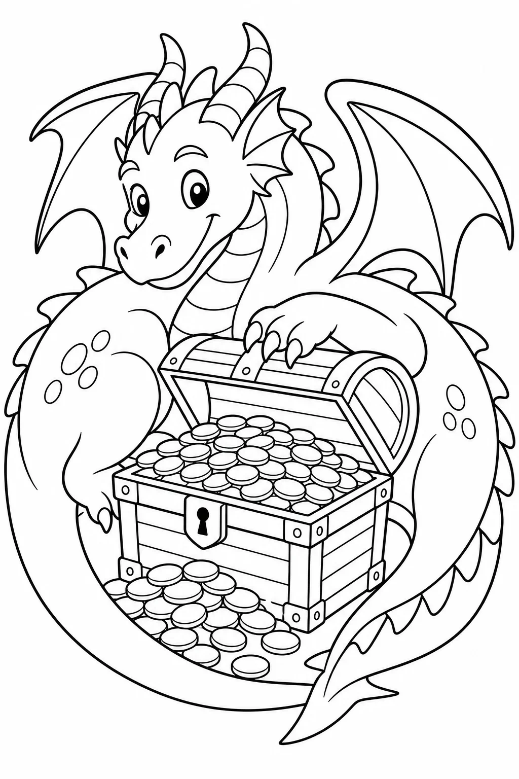 Friendly Dragon with Treasure Chest Coloring Page — free coloring page