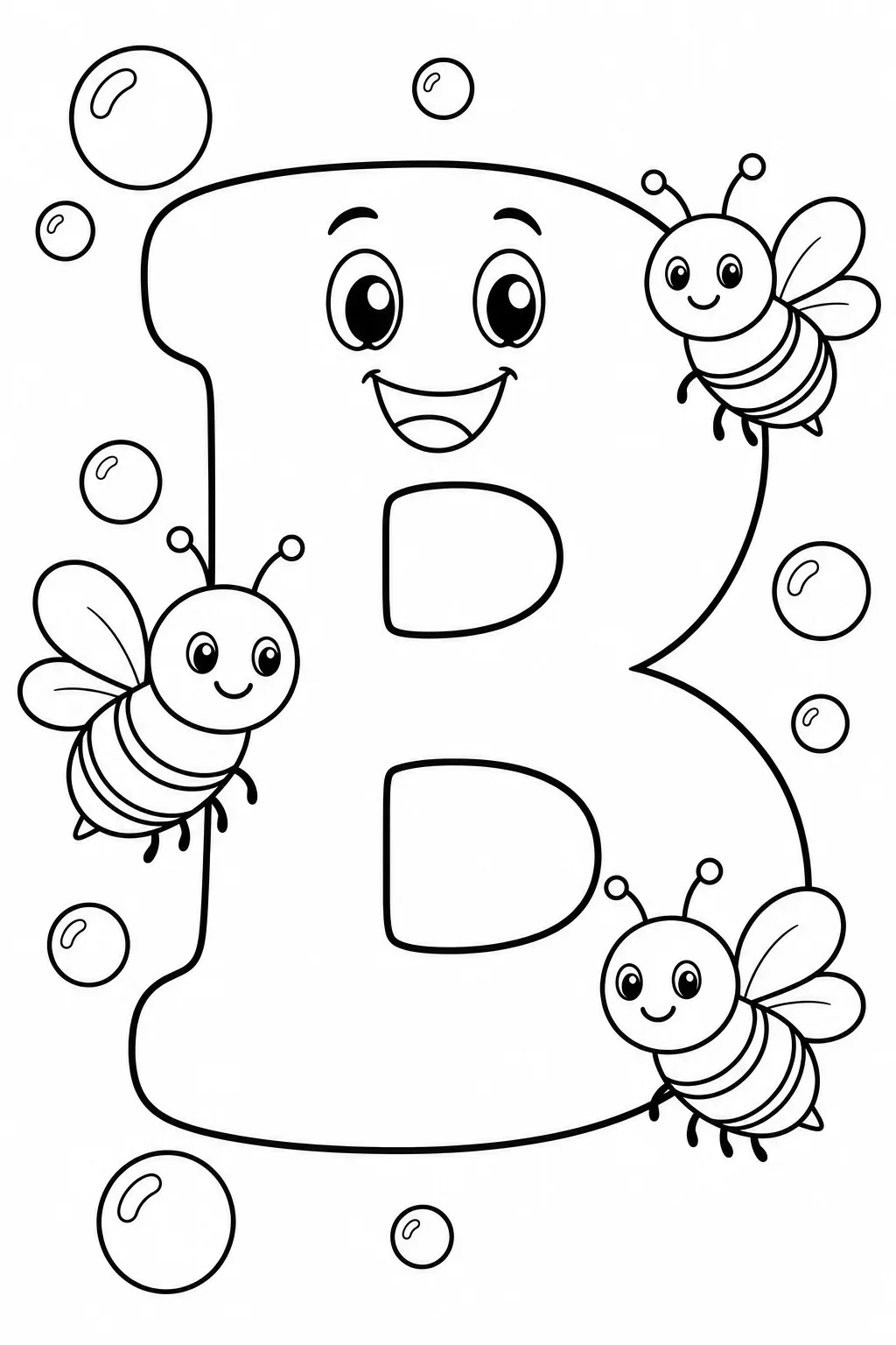 Letter B with Bumble Bees and Bubbles Coloring Page — free coloring page