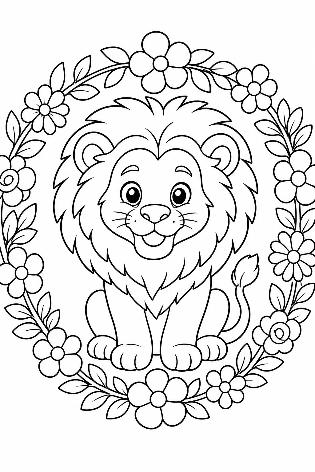Lion Cub in Flower Wreath Coloring Page — free coloring page