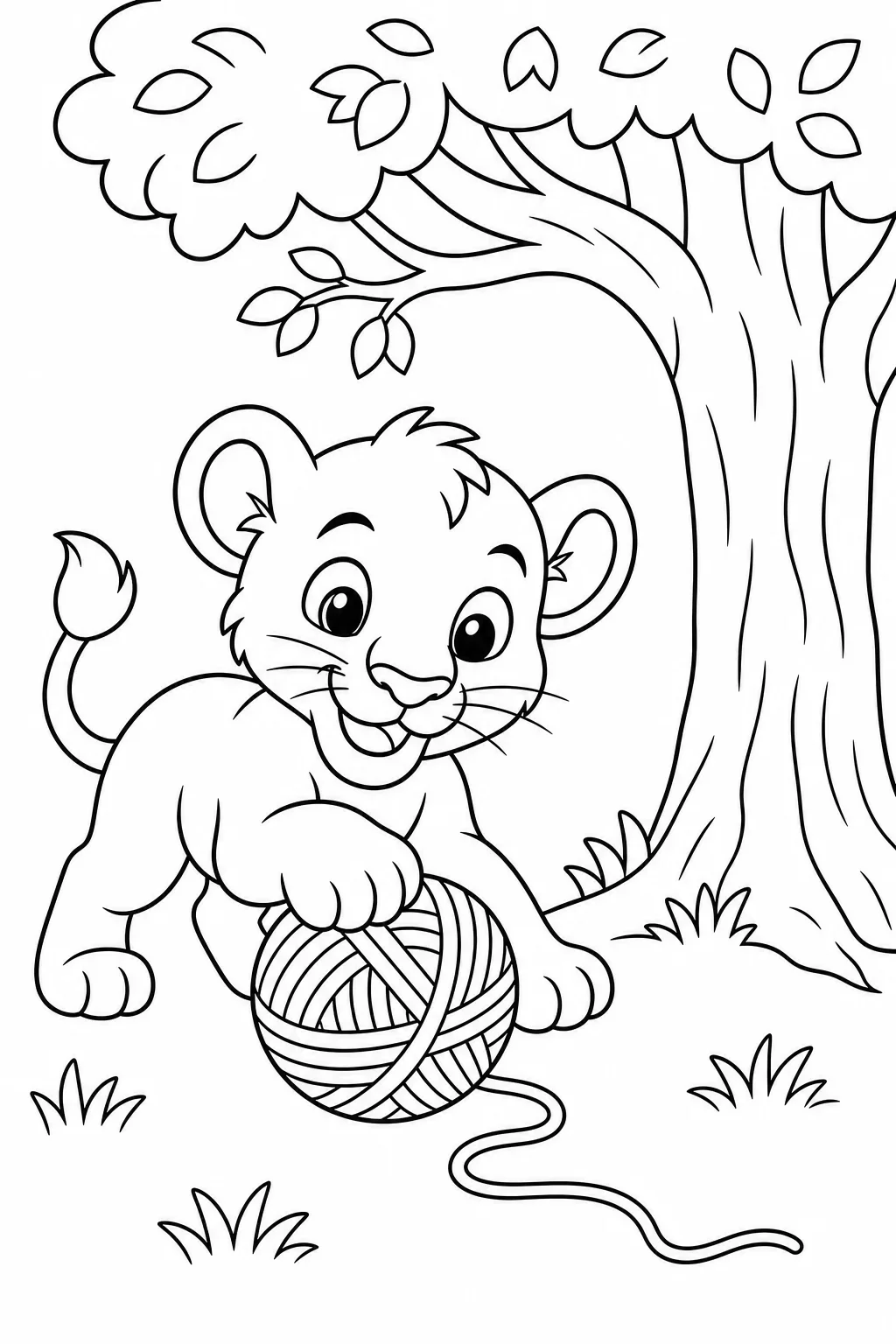 Lion Cub Playing with Yarn Ball Under Tree — free coloring page