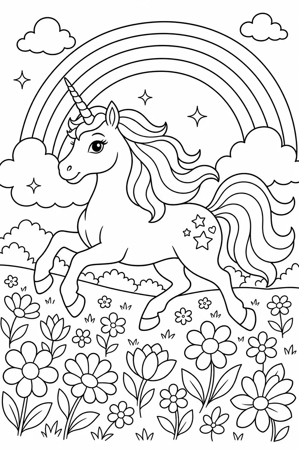 Magical Unicorn Galloping Through Flower Field — free coloring page