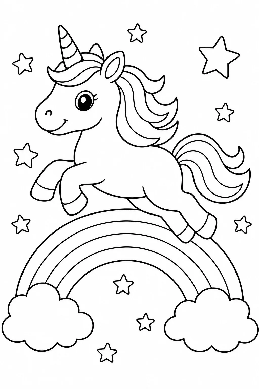Magical Unicorn Jumping Rainbow Coloring Page — free coloring page