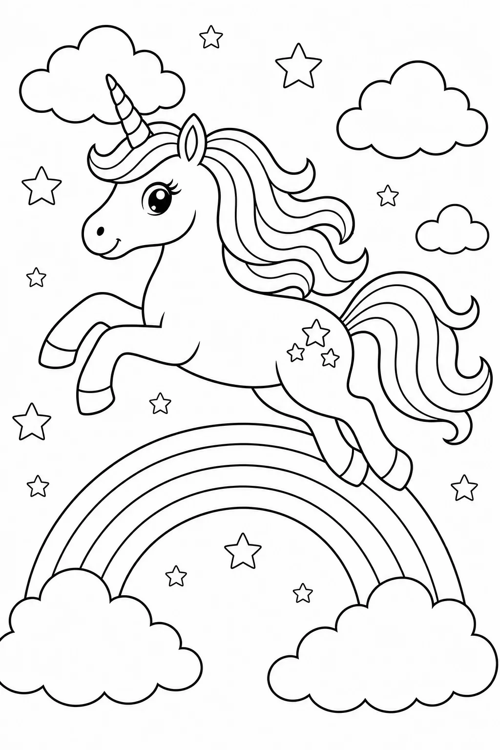 Magical Unicorn Leaping Over Rainbow — free coloring page