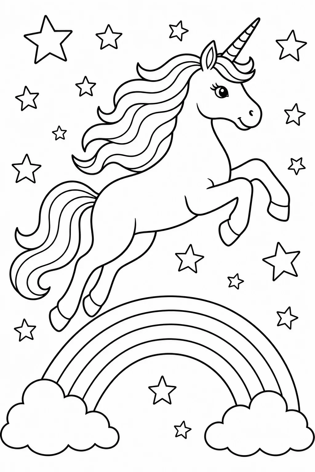 Majestic Unicorn Leaping Over Rainbow — free coloring page