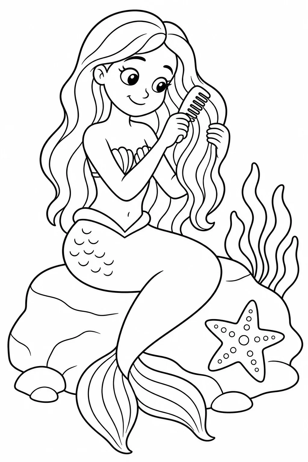 Mermaid Combing Hair on Rock Coloring Page — free coloring page