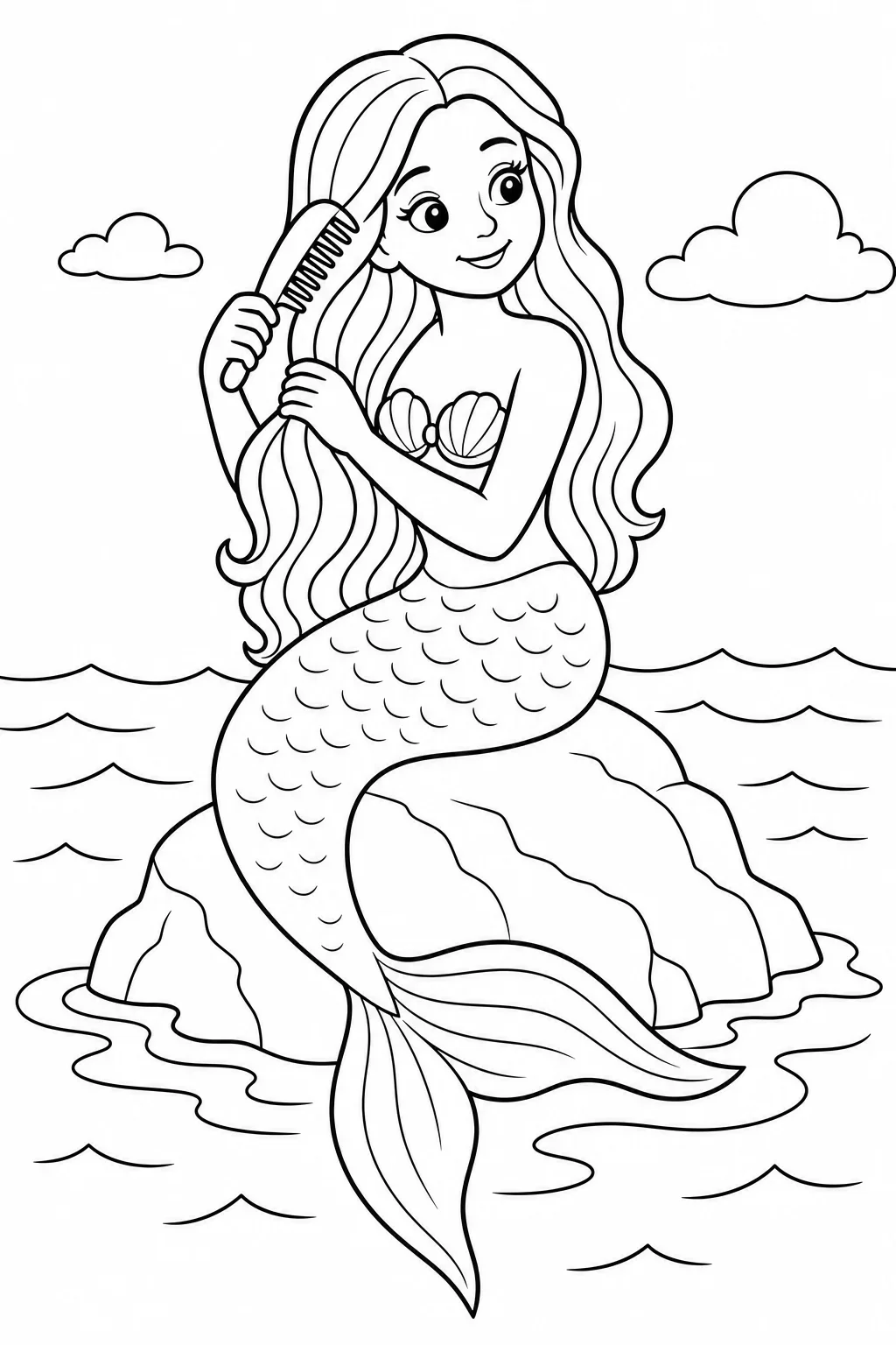 Mermaid Combing Hair on Ocean Rock — free coloring page