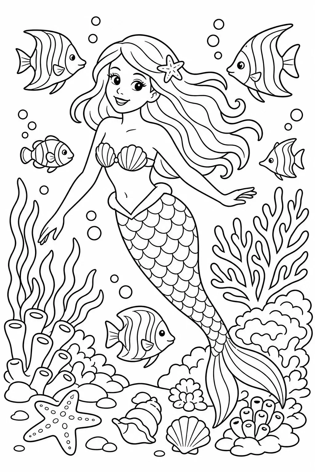 Mermaid Swimming Among Coral Reefs — free coloring page