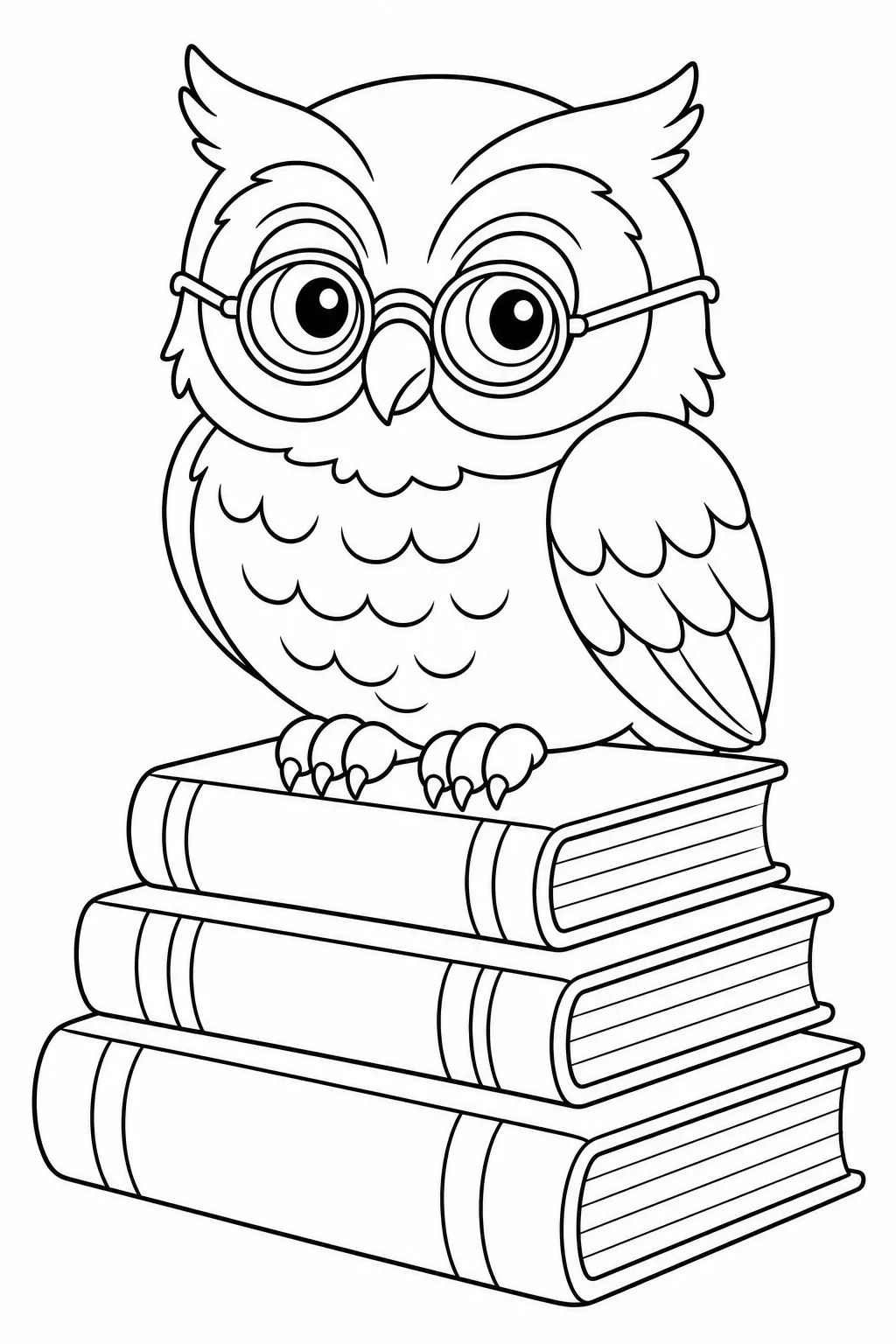 Wise Owl with Glasses on Book Stack — free coloring page