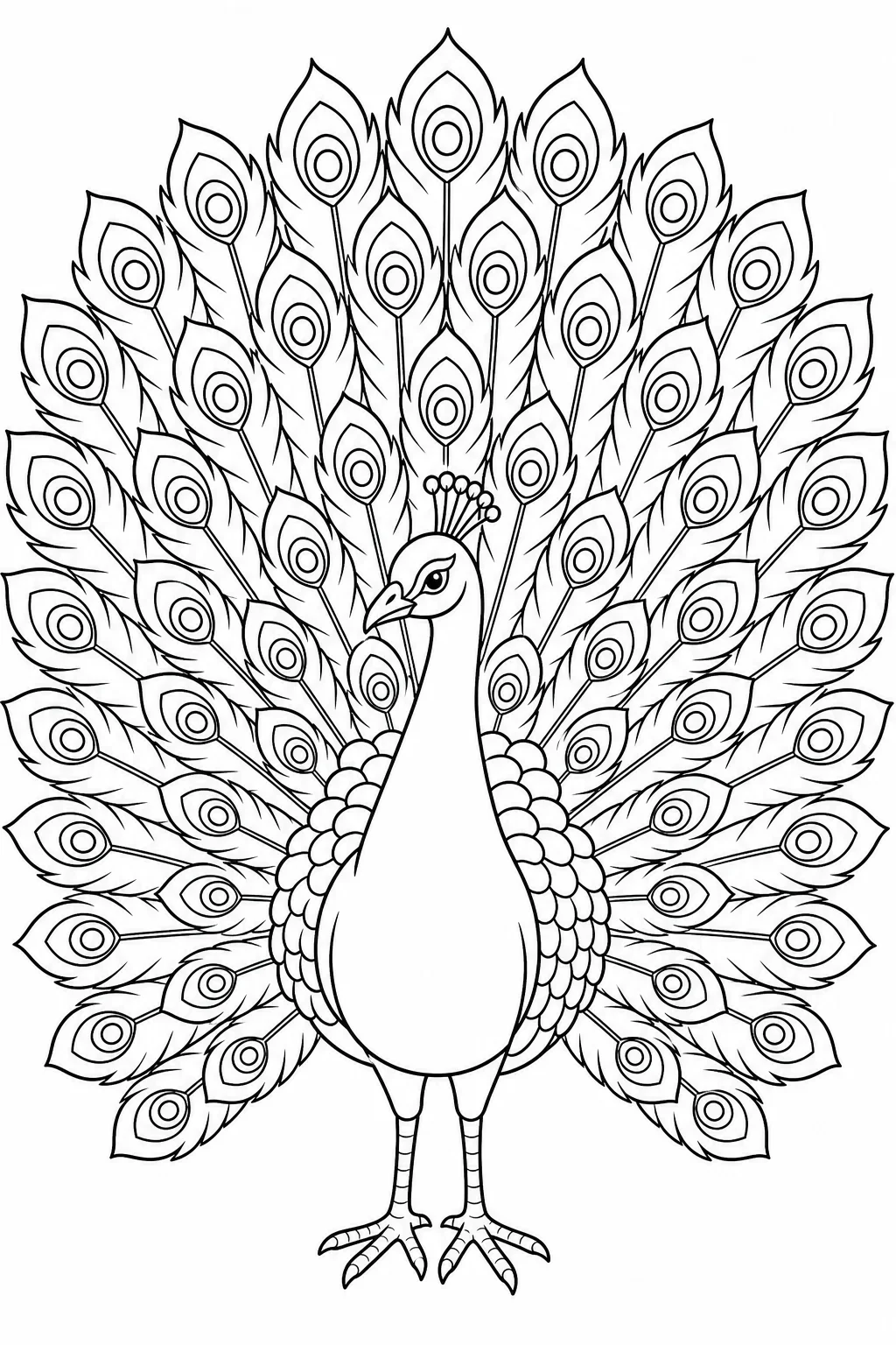 Peacock with Detailed Tail Feathers Coloring Page — free coloring page
