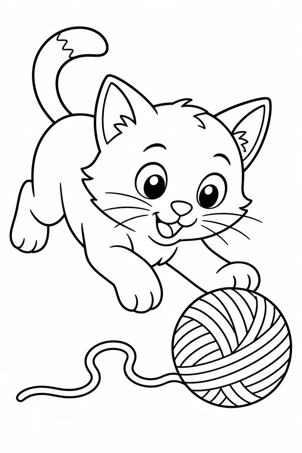 Playful Kitten Chasing Yarn Ball — free coloring page