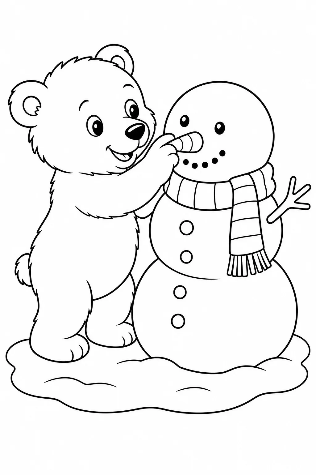 Polar Bear Cub Building Snowman Coloring Page — free coloring page