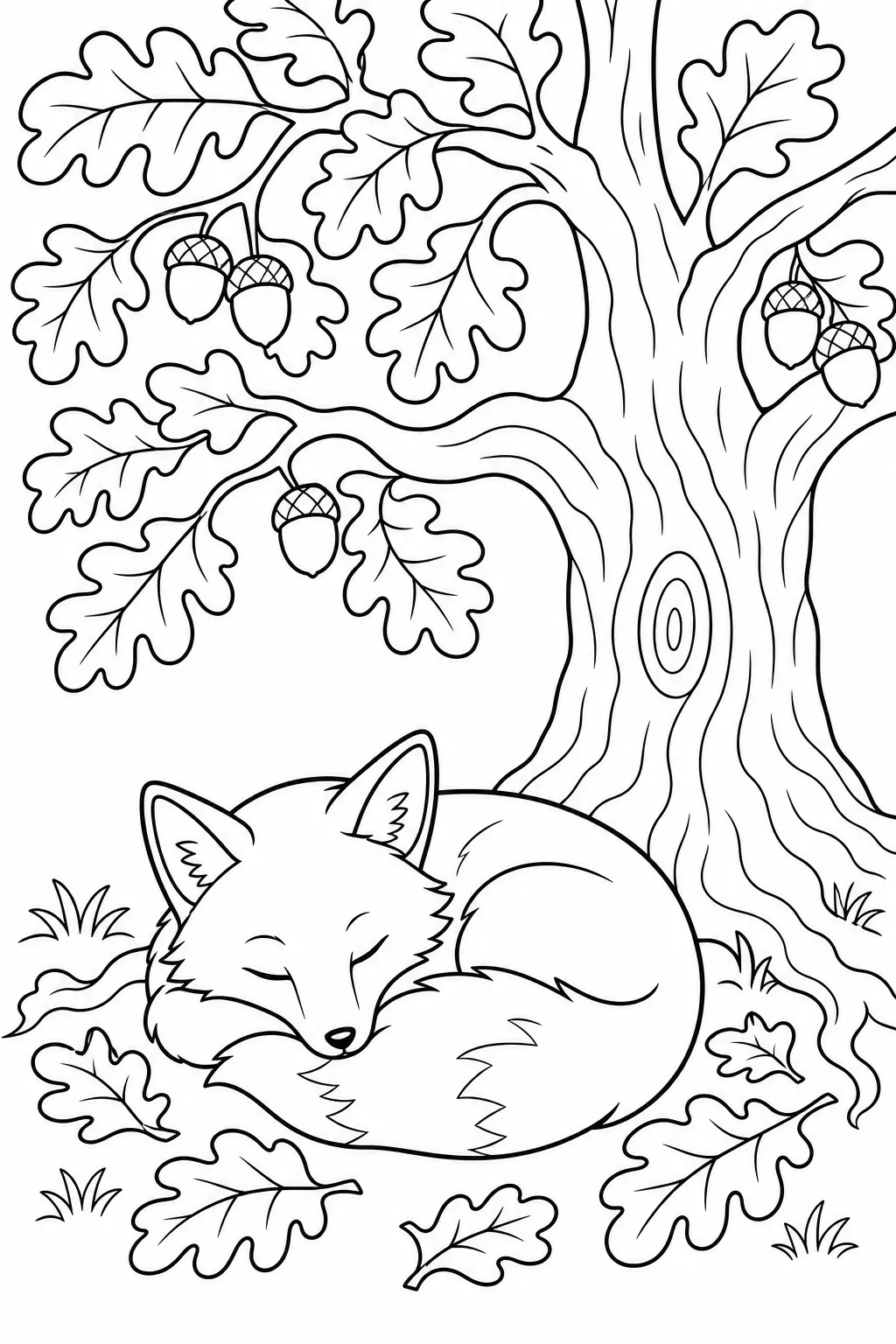 Sleeping Fox Under Autumn Oak Tree — free coloring page