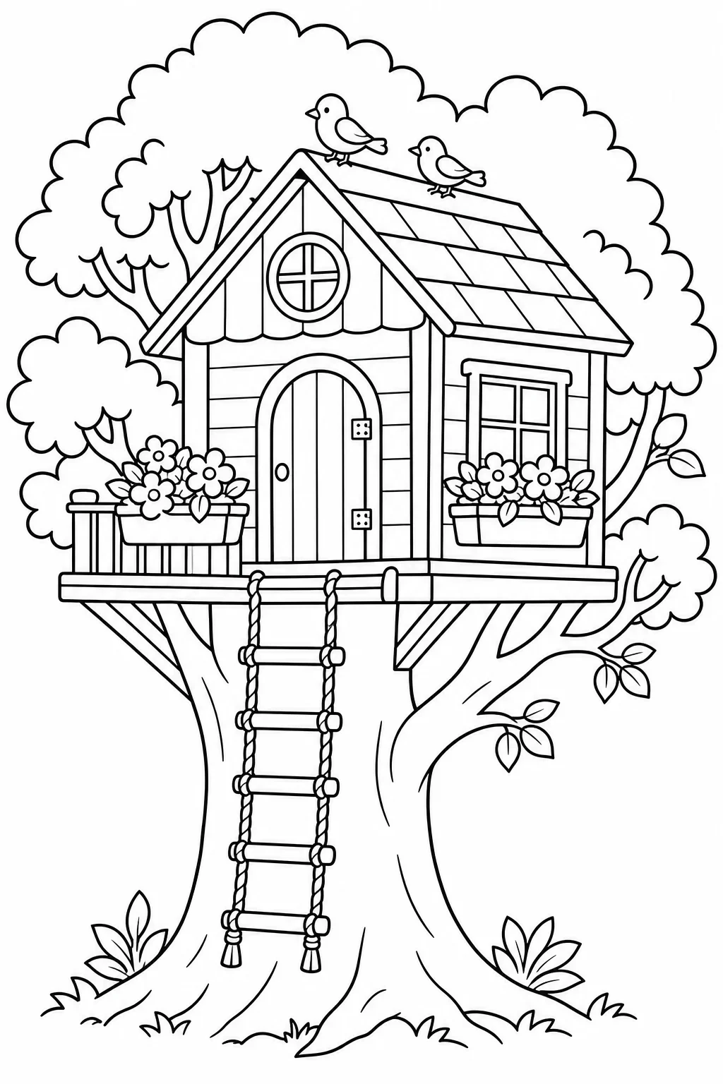 Treehouse with Rope Ladder Coloring Page — free coloring page