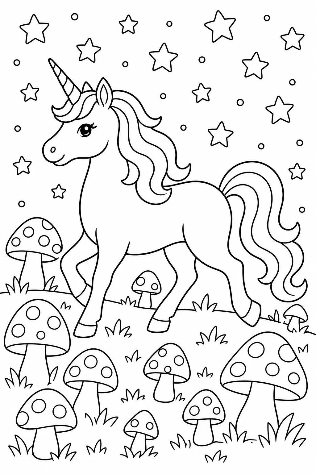 Unicorn Trotting Through Mushroom Field — free coloring page