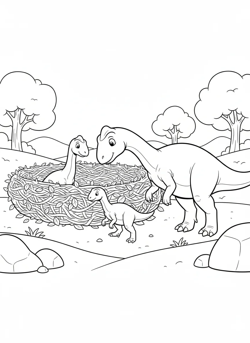 Baby Maiasaura taking first steps outside the nest, wobbly and uncertain, parent — free coloring page