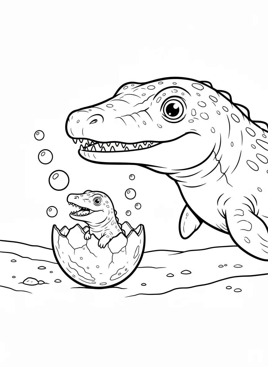 Baby Mosasaurus hatching from an egg underwater, tiny sharp teeth visible, bubbl — free coloring page