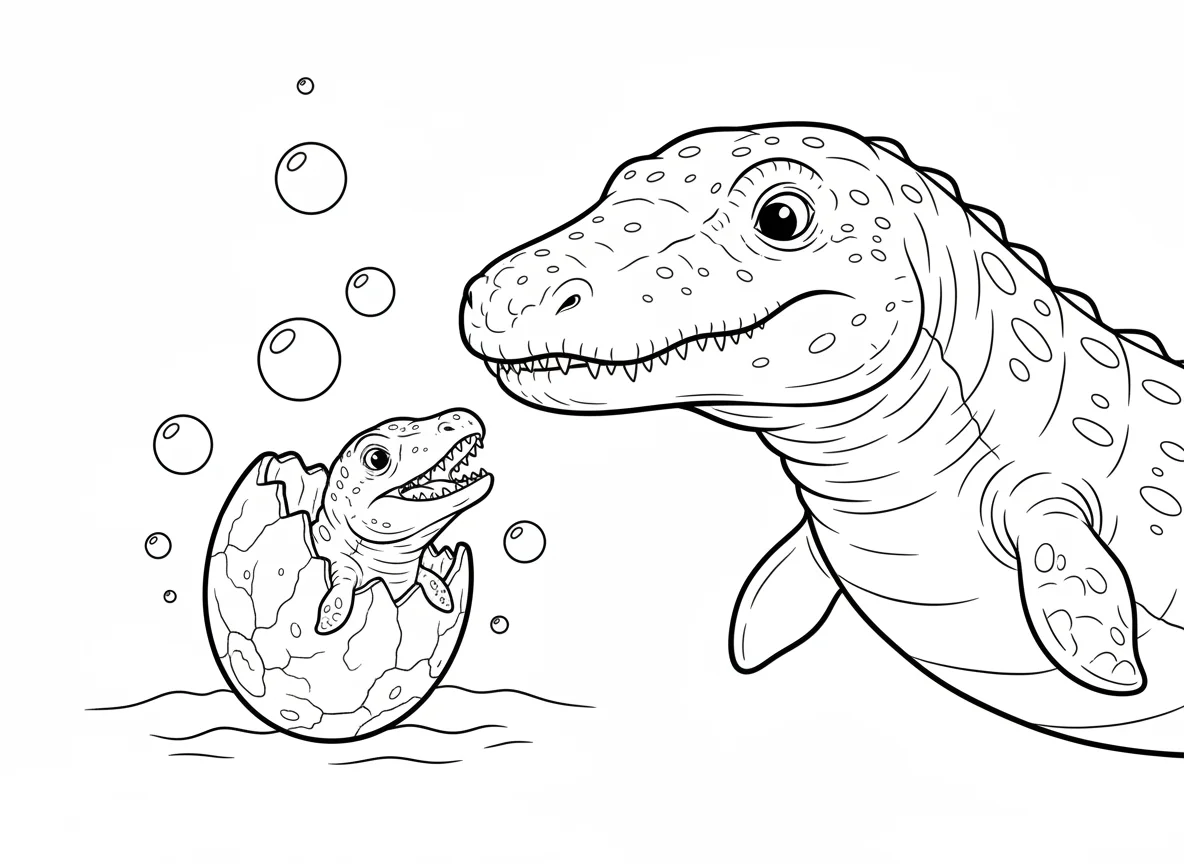 Baby Mosasaurus hatching from an egg underwater, tiny sharp teeth visible, bubbl — free coloring page