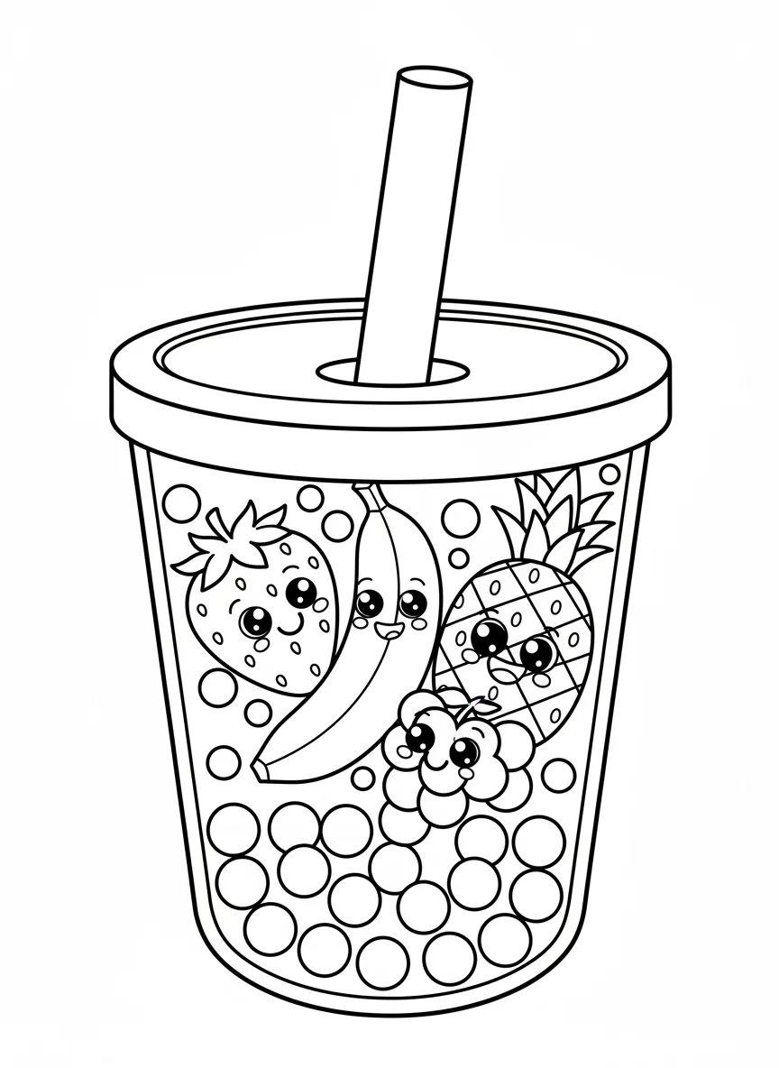 Cartoon Fruits In A Boba Tea Coloring Page For Kids — free coloring page